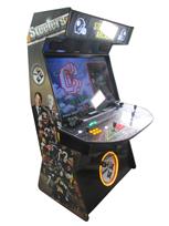 1157 4-player, yellow buttons, green buttons, blue buttons, red buttons, black buttons, lighted, white trackball, black trim, steelers football